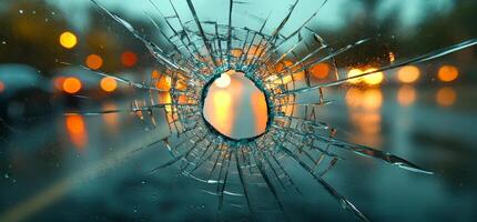A shattered window with a hole in the middle. The light from the street lights is reflected in the broken glass photo