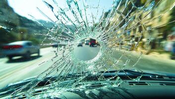 A car window is shattered, and the driver is looking out the window. The scene is chaotic, with cars and trucks driving by, and a truck is visible in the background photo