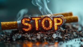 A close up of a cigarette with the word stop written in the ash. The ash is surrounded by a pile of dirt, and the cigarette is surrounded by smoke. Scene is somber and serious photo