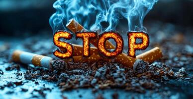 A pile of cigarette butts with the word stop written in flames on top of them. The concept of the image is to convey the negative effects of smoking and the importance of quitting photo