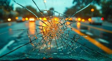 A car's windshield is shattered, leaving a spider web pattern in its place. The spider web pattern is a result of the shattered glass, which has created a unique and intricate design photo