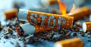 A pile of cigarette butts with the word stop written on them. The image conveys a message about the dangers of smoking and the importance of quitting photo