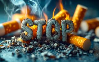 A pile of cigarette butts and ash, with the word stop written in the middle. The concept of the image is to convey the negative effects of smoking and the importance of quitting photo