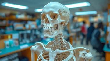 A skeleton is standing in a room with people around it. The skeleton is smiling and has its mouth open. The room is filled with books and other objects, giving it a somewhat cluttered photo