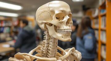 A skeleton is on display in a library. The skeleton is white and has a skull on it. There are several people in the background, some of them are looking at the skeleton photo