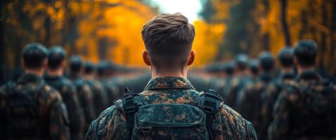 A man in a military uniform stands in front of a group of soldiers. photo