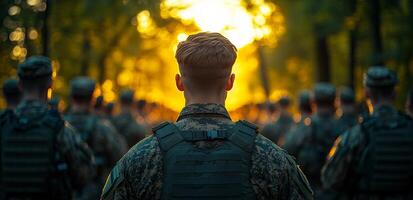 A group of soldiers stand in a line, with one man in the middle of the group. The sun is setting in the background, casting a warm glow over the scene. The soldiers are all wearing camouflage uniforms photo