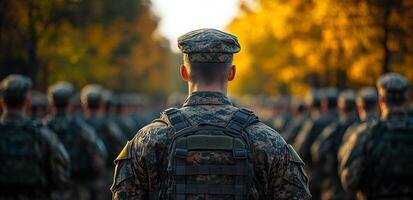 A group of soldiers are lined up in formation, with one man standing out in the middle. Concept of discipline and unity among the soldiers, as they all stand at attention and follow the same order photo