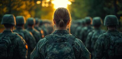 A woman in a military uniform stands in front of a group of soldiers. Concept of unity and camaraderie among the soldiers photo