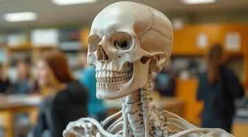 A skeleton is standing in a classroom with a group of people. The skeleton is smiling and he is happy photo