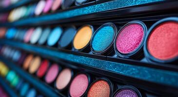 A row of colorful makeup palettes with glittery eyeshadows. The palettes are arranged in a way that they are easy to see and access. The colors are bright and vibrant photo