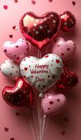 A bunch of heart balloons with the words Happy Valentine's Day written on them. The balloons are red and white and are arranged in a way that they look like a bouquet. Concept of love and celebration photo