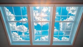 The sky is a beautiful shade of blue with fluffy white clouds scattered throughout. The sun is shining brightly through the windows, casting a warm glow on everything below. The view is breathtaking photo