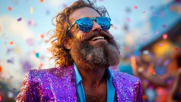 A man with a beard and glasses is wearing a purple sequined jacket and smiling. He is surrounded by confetti, which adds to the festive atmosphere photo