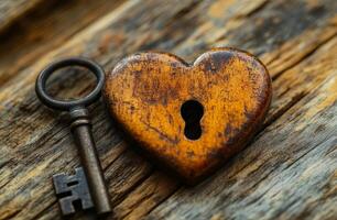 A key and a heart are on a wooden surface. The key is old and rusty, and the heart is carved out of wood. Concept of nostalgia and love, as the key and heart are symbols of unlocking photo