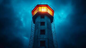 A lighthouse with a bright light shining out of it. The lighthouse is surrounded by barbed wire photo