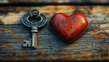 A key and a heart are placed on a wooden surface. The key is silver and has a black cross on it. The heart is red and has a rusted appearance. Concept of love and warmth photo