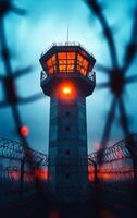 A tall tower with a light on top of it. The tower is surrounded by a fence. The fence is barbed wire photo