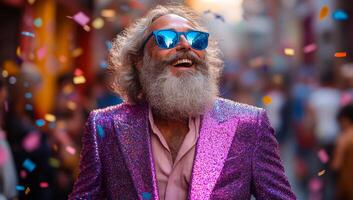 A man in a purple suit with a beard and sunglasses is smiling and surrounded by confetti. Concept of joy and celebration photo