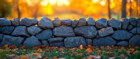 A wall made of rocks with leaves on the ground in front of it. The wall is tall and the leaves are scattered around it photo