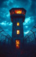 A tall tower with a prison cell on top. The tower is lit up with a yellow light photo