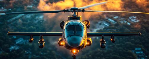 A helicopter is flying in the sky with a bright orange sun in the background. The helicopter is surrounded by trees and buildings, giving the impression of a busy city photo