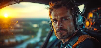 A man in a pilot's hat is looking out the window of a plane. The sun is setting in the background, casting a warm glow over the scene. The man is focused on the view outside photo
