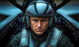 A man in a fighter jet with a helmet on his head. He is looking at the camera photo