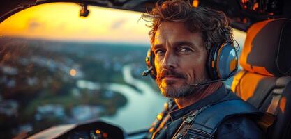 A man in a pilot's seat with a headset on and a view of a river below. The man is wearing a blue jacket and he is focused on the task at hand photo
