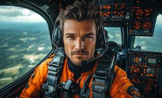 A man in an orange jumpsuit is piloting a plane. He is wearing a headset and he is focused on his task photo