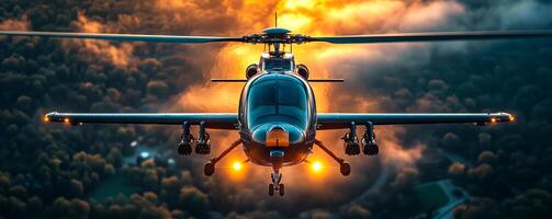 A helicopter is flying through the sky with a bright orange sun in the background. The scene is dramatic and intense, with the helicopter being the main focus of the image photo