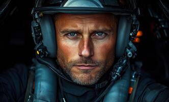 A man in a military uniform is wearing a helmet and looking directly at the camera. Concept of authority and strength, as the man is a pilot in a fighter jet photo