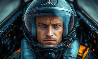 A man in a fighter jet helmet is staring at the camera. Concept of determination and focus, as the man prepares for a mission photo