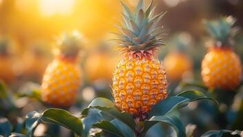 A close up of a pineapple with a bunch of other pineapples in the background. Concept of abundance and growth, as the pineapple plants are thriving and producing fruit photo