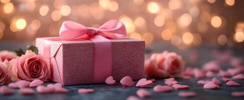 A pink box with a pink ribbon sits on a table with pink flowers. The flowers are scattered around the box, creating a romantic and festive atmosphere photo