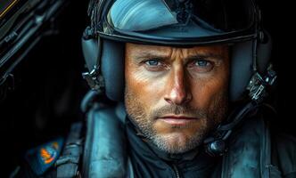 A man in a black helmet with a microphone is looking at the camera. Concept of authority and confidence, as the man is a pilot or a military personnel photo