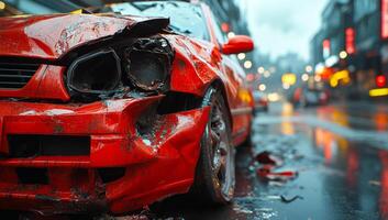 A red car is in a crash on a wet street. The car is damaged and has a black hood. The scene is dark and moody, with the rain adding to the sense of danger and chaos photo
