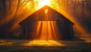 A rustic barn with a sun shining through the door, casting a warm glow on the wooden structure. The sun's rays create a peaceful and serene atmosphere, making the barn appear inviting and cozy photo