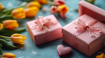 A pink box with a bow on top is placed on a table next to a bouquet of yellow tulips. The box is likely a gift, and the tulips add a touch of color and freshness to the scene photo