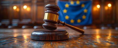 A judge's gavel sits on a wooden podium in front of a flag. The flag is blue and has stars. Scene is serious and formal, as it depicts a courtroom setting photo