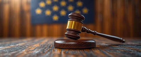 A wooden gavel sits on a wooden surface with a flag behind it. The flag is blue and yellow with stars. The gavel is large and wooden, and it is being used in a courtroom setting photo