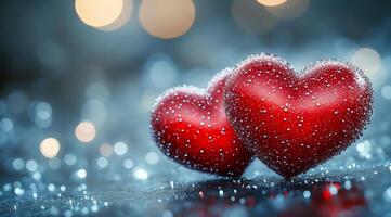 Two hearts are placed on a blue background with a blurry effect. The hearts are red and appear to be covered in snow. Concept of warmth and love, as the hearts are a symbol of affection photo