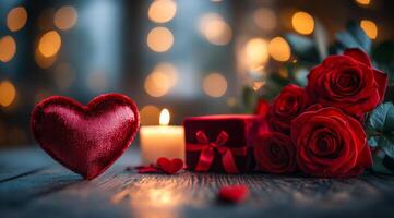 A heart is on a table next to a red box and a candle. The roses are in the background. The image conveys a romantic and intimate atmosphere photo