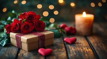 A box of red roses sits on a wooden table next to a lit candle. The candles are arranged in a circle around the box, creating a warm and intimate atmosphere. The roses are the centerpiece of the scene photo