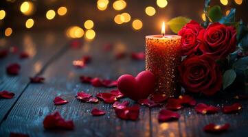 A candle with a heart on top of it is lit on a table with red roses. The scene is romantic and intimate, with the candle and roses creating a warm and cozy atmosphere photo