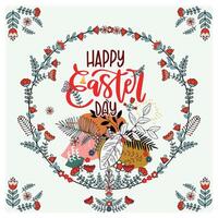 Illustrative Easter greeting with a decorative rabbit surrounded by flowers and the text Happy Easter Day vector