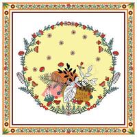 A decorative floral pattern with various leaves and flowers displayed on a sunny yellow background. vector
