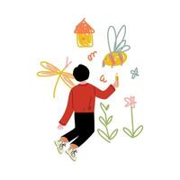 Boy Drawing on Wall with Color Pencils, View From Behind Illustration vector