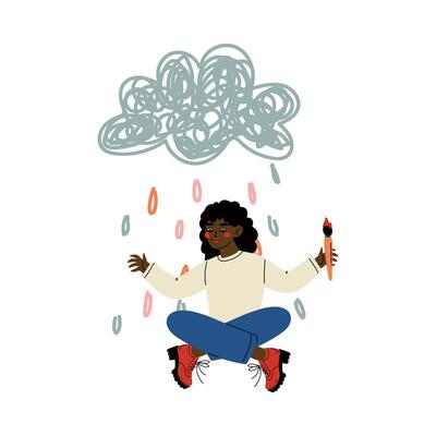 Cute African American Girl Painting Cloud and Rain on Wall with Color Paints and Brush, Girl Sitting on Floor under Rain, Painted on Wall Illustration