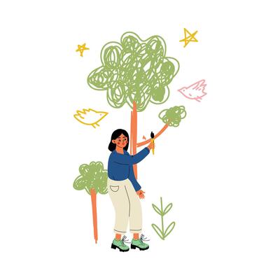 Cute Girl Painting Trees on Wall with Color Paints and Brush Illustration